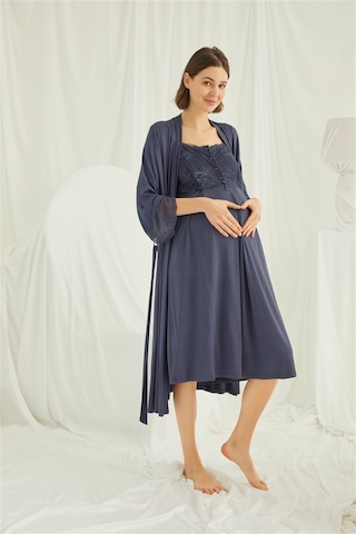 Monamise 18210305 Kadın Lacivert Hamile Lohusa Seti Sabahlık Gecelik Pijama Takım