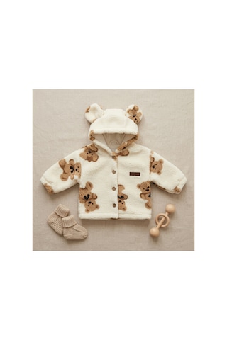 Deniva Kids Unisex Bebek & Çocuk Ayıcık Desenli Kulaklı Peluş Welsoft Hırka Düğmeli Ceket - Krem 18 - 24 Ay