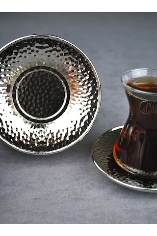 Qualitev 6 Adet Metal Çay Tabağı Dövme Desenli Çay Tabak 10 Cm Gümüş