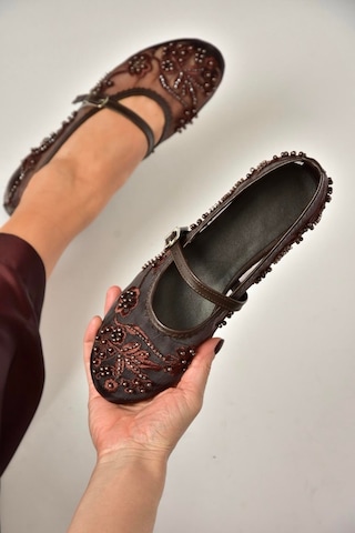 Fox Shoes Y726330115 Kahverengi File İnci Detaylı File Kadın Babet Kahverengi