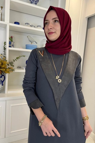 Rabia Şamlı Venüs Cupra Detaylı Triko Elbise Antrasit Normal
