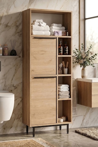 Yurudesign Ocean Banyo Dolabı Çok Amaçlı Dolap 2 Kapaklı Metal Ayaklı Sepet On10C-S Kahverengi