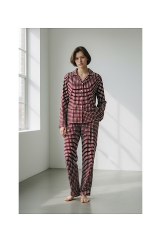 Feg Store Kadın Bordo Pötikare Desenli Süet Dokulu Yumuşak Kışlık Pijama Takımı