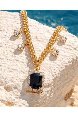 Baget Model Zirkon Taşlı Gold Siyah Renkli Çelik Kolye