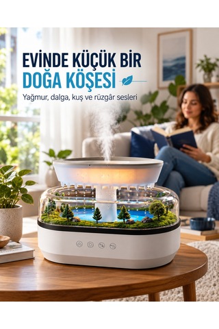 Yağmur Damlası Efektli Aroma Difüzör Hava Nemlendirici Orman Manzaralı Dekoratif Esansiyel Yağ Uyumlu Dokunmatik Tuşlu Ofis Yatak Odası