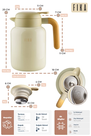 Fika Paeta Çift Katmanlı Sızdırmaz Kapaklı Çelik Orta Boy Sürahi Termos 1300 Ml Bej