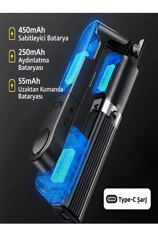 450 Mah Rgb Led Işıklı 102 Cm Titreşim Önleyici Gimbal Tripod Selfie Çubuğu Bluetooth Kumandalı