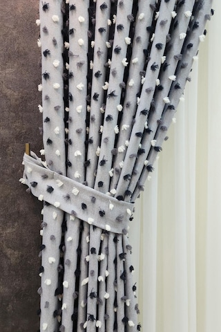 Pastel Püsküllü Fon Perde Gri Renk - Modern Ve Neşeli Tasarım Gri