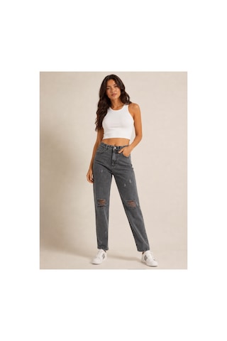 Kene Jeans Yüksek Bel Diz Lazer Yırtık Kar Siyah Mom Jeans Pantolon Kar Siyah