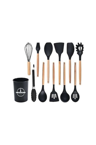 12 Parça Ahşap Saplı Siyah Silikon Mutfak Seti - Mikrodalga, Fırın, Bulaşık Makinesi Uyumlu Siyah
