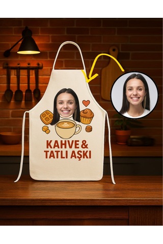 Kişiye Özel Karikatür Fotoğraflı Mutfak Önlüğü Kahve Tatlı Aşkı Krem