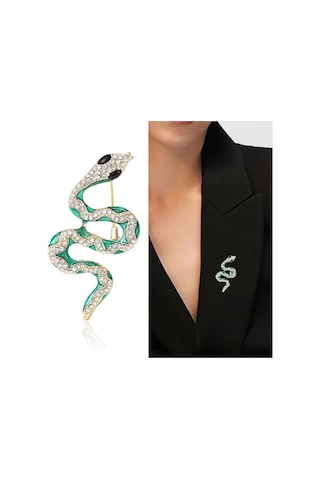Mufunye Зеленый Змеиный Дизайн Брошь С Искусственным Горным Хрусталем - Повседневный Ювелирный Украшение Çok Renkli