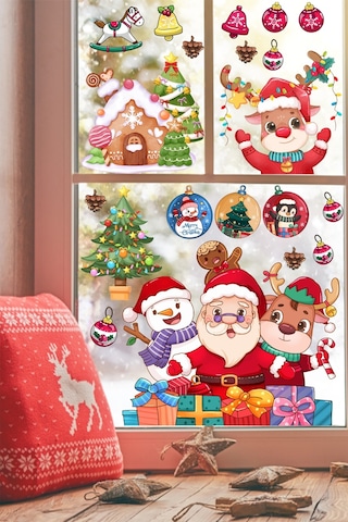 Yılbaşı Sticker Noel Baba Geyik Kardan Adam Ve Işıklı Noel Süsleri Pencere Sticker