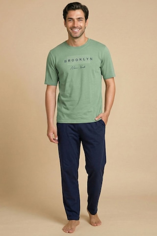 Wordex Mirano 8108 Penye Brooklyn Yazılı Erkek Yazlık Kısa Kollu Cepli Pijama Takımı Yeşil