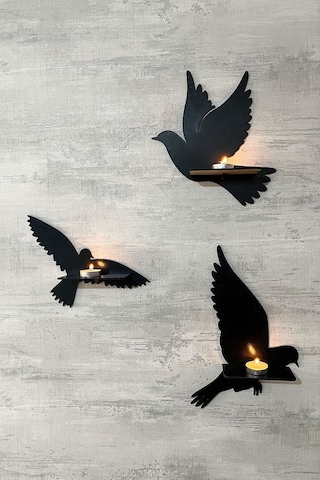 Dekoratif Kuş Duvar Rafı 3 Lü Set 30 Cm Duvar Mumluğu Siyah