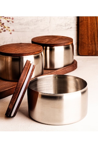 Steel&More Ahşap Kapak Çelik Çerezlik 7 Parça Sızdırmaz Saklama Kabı 12cm Gri