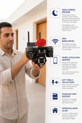Sım-840w 4 Kameralı Güvenlik Kamerası 12mp Wifi Ptz Aı Hareket Takipli Renkli Gece Görüşlü Ip Kamera +128gb Hafıza Kart Dahil