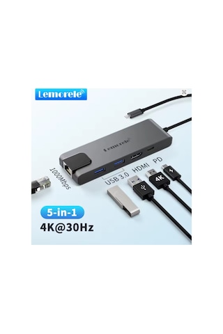 Lemorele Tc24, 5 İn 1 Çoğaltıcı Hub - 1x Rj45 İnternet 2x Usb 3.0 4k Hdmı Ve Type-c Pd Şarj Girişli Çoklayıcı