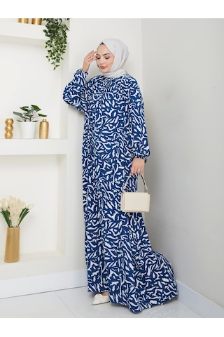 Desenli Önü Büzgülü Viskon Elbise - Mavi / E0131 Mavi