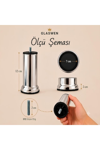 18 Adet Metal Destek Ayağı 12 Cm Krom Mobilya Kanepe Baza Koltuk Ünite Ayakları Metrik 8 Civatalı İnce Diş