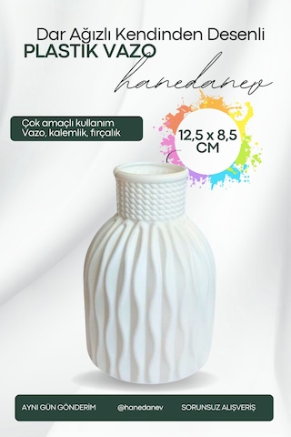 Kendinden Desenli Dar Ağızlı Plastik Vazo - Çok Amaçlı Kalemlik Fırçalık Vazo 12,5 X 8,5 Cm Beyaz