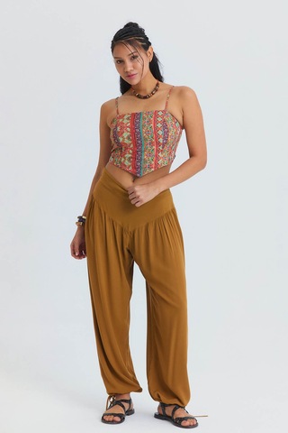 Rahat Kesim Paçası Büzgülü Kadın Yüksek Bel Pantolon Camel