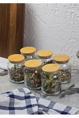 Cam Kavanoz Seti - 6'lı Bambu Kapaklı Kavanoz Takımı - 12 Parça, 250 Ml