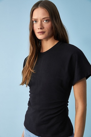 Ethıquet Nexus Kadın Regular Fit Bisiklet Yaka Büzgü Detaylı Siyah T-shirt