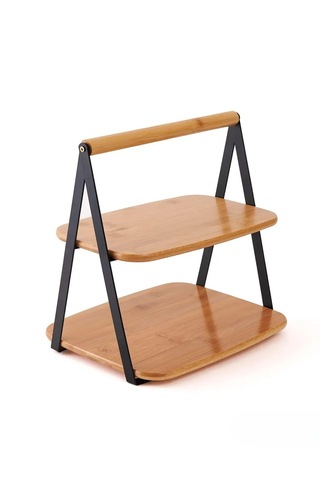 Metal Yan Çerçeveli Bambu 2 Katlı Sunumluk Şık Ve Dayanıklı Mutfak Düzenleyici 33,5 Cm Bambu