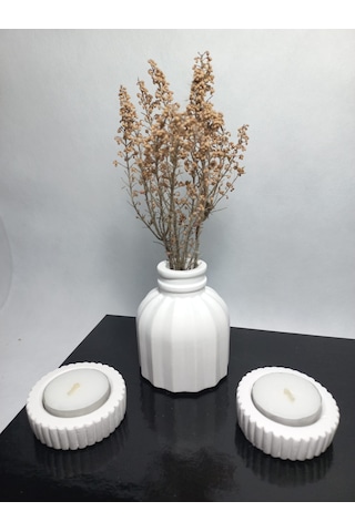 İnce Çizgili Vazo - Modern & Minimal Dekoratif Obje, Salon Ve Ofis Çiçeklik, Beyaz Beyaz