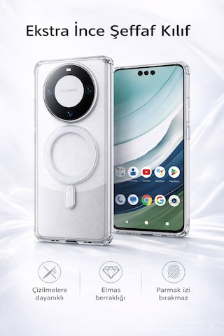 Huawei Mate 60 Pro Uyumlu Kamera Korumalı Magsafe Wireless Şarj Özellikli Lüks Şeffaf Silikon Telefon Kılıfı Şeffaf