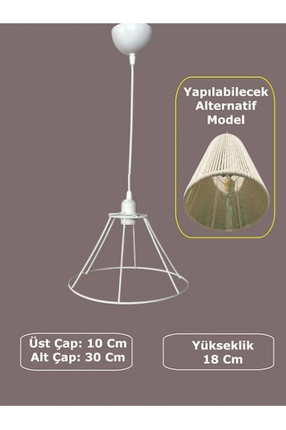 Konik Avize Teli , İskeleti Uzun Boy 30x18 Cm Beyaz Statik Boyalı Duy Takımı Dahil Beyaz