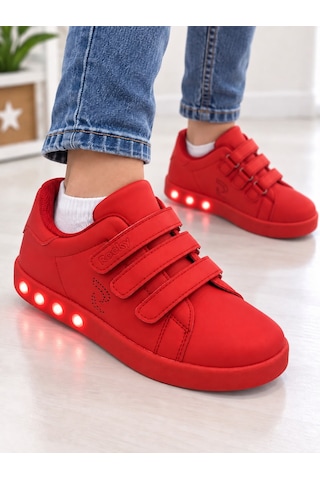 Papucumun Dünyası Çocuk Erkek/kız 3 Cırtlı Kolay Giyilir Ortopedik Işıklı Sneaker Tam Kalıp Kırmızı