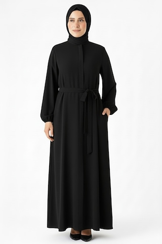 Medine İpeği Mevlana Kesim Cepli Kuşaklı Bol Ferace 4000-siyah Siyah