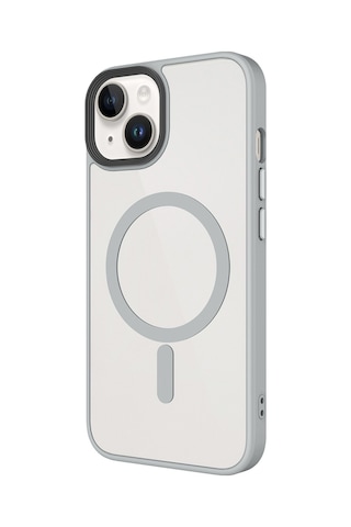 Techaks Apple Uyumlu iPhone 14 Plus Kılıf Mat Arka Yüzey Wireless Şarj Özellikli Tchs Flet M-safe Kapak - Gri Gri