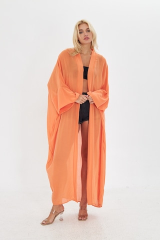 Kutaf Turuncu Uzun Yumusak Ipek Karısımlı Kimono / Beachwear Turuncu