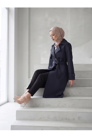 B.he.z Kruvaze Yaka Bondik Su İtici Kumaş Astarlı Trend Model Diz Altı Trençkot Lacivert