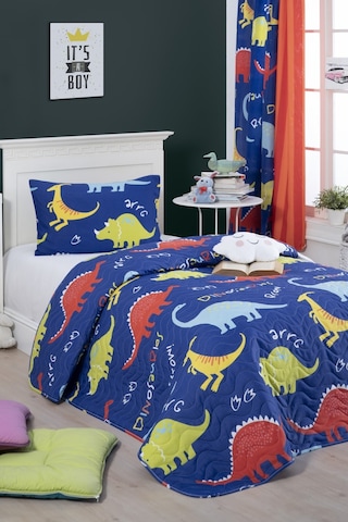 Kapitone Yatak Örtüsü Seti Tek Kişilik Dinazorus Mavi