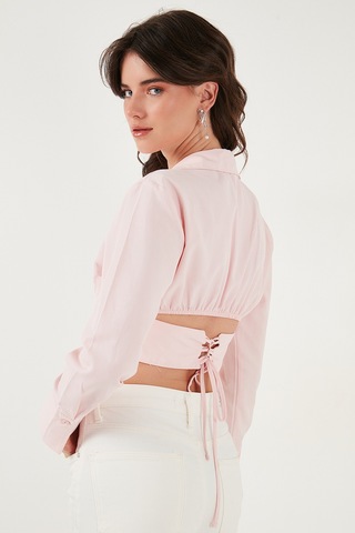Lela Fitted Fit Pamuklu Korse Detaylı Uzun Kollu Crop Bayan Gömlek 611Go00376 Şeker Pembe