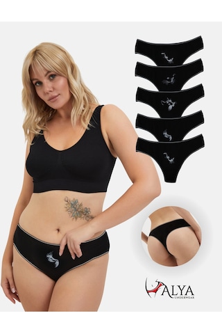 Alya Underwear Kadın Bato Tanga Pamuklu Külot, Büyük Beden String, 5'li Paket- 2 Siyah, 1 Beyaz, 2 Ten Siyah P13