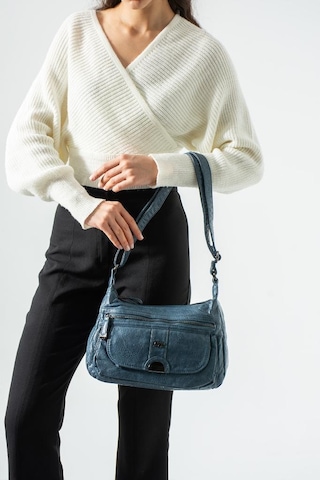 Baginn Yıkama Deri Günlük Kadın Postacı Çanta Çapraz Askılı Omuz Çantası Vegan Deri 26 20 Cm Kapaklı Model Mavi