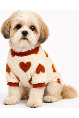 Kahverengi Kalp Desenli Brown Heart Sweat Dar Kalıp Kedi Köpek Sweati Kedi Köpek Kıyafeti Köpek Peluşu Sıcak Tutan Sweat