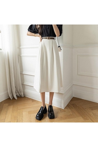 Qooth Bahar Kadın Yüksek Bel A-line Sashes Etek 2022 Yeni Stil Zarif Orta Uzunlukta Uzun Ofis Bayan Düz Etek Bej