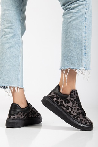 Erceka Günlük Spor Ayakkabı Kadın Sneaker Bağcıklı Leopar Siyah-beyaz-kahverengi Siyah / Leopar