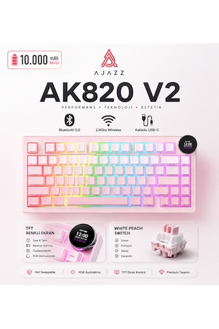 Ak820 V2 Ekranlı, Kablosuz Mekanik Oyun Klavyesi-10.000 Mah Batarya