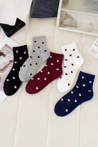 Kadın 5 Çift Premium Kalite Minimal Kalp Desenli Kısa Kolej Çorap Çok Renkli Çok Renkli