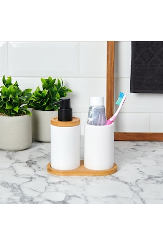Bambu Standlı Seramik İkili Banyo Seti Gri