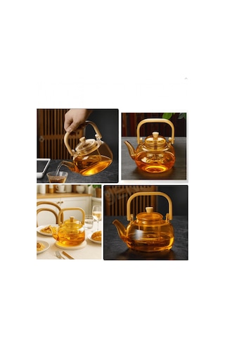 Amber Cam Demlik Ahşap Saplı Cam Filtreli Demlik 1 Litre - Isıya Dayanıklı Cam Bitki Çayı Demlik Amber