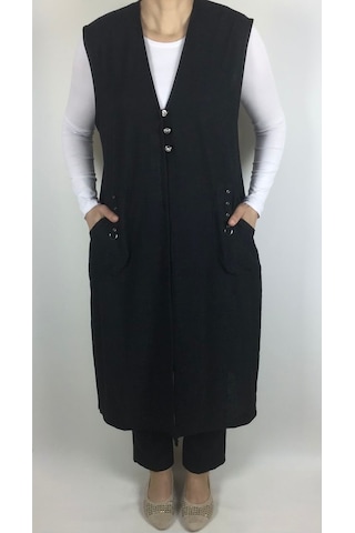 Kadın Önü Üç Düğmeli Cepli Jakarlı Yazlık Uzun Yelek Siyah