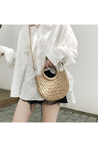 Novahub El Yapımı Rattan Dokuma Plaj Çantası - Kadın Crossbody Çanta - Bej, Haki Rengi, Pratik Tasarım Haki